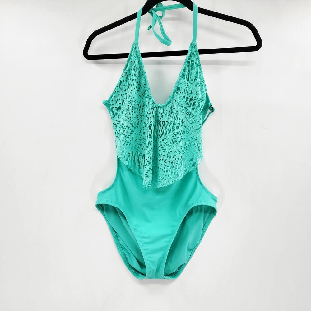 Y2K Mossimo Aqua Teal Partial Crotchet Overlay Halterneck Swimsuit Womens Size M